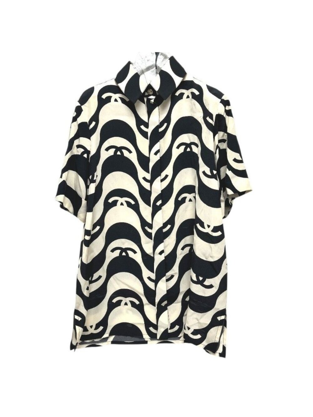 Chanel Short Sleeve T-Shirt CC Logo Wave Silk Black - Picture 1 of 9